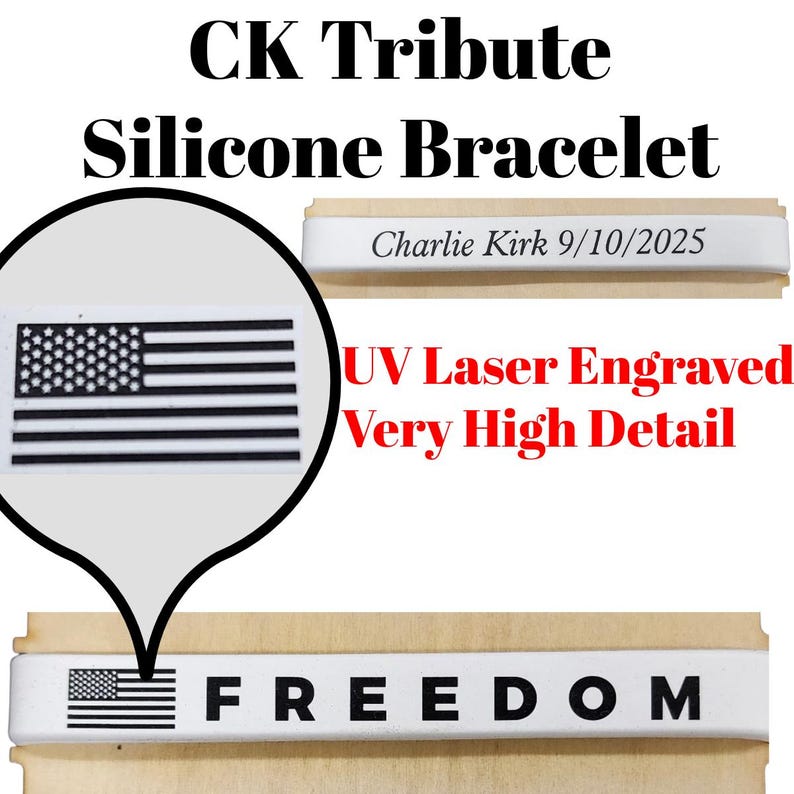 Laser Engraved Silicone Bracelet "FREEDOM" | Charlie Kirk Tribute | American Flag | 9/10/2025 image 2